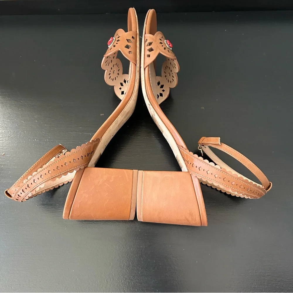 Tory Burch Marguerite Tan Leather Floral Perforated Block Heel Sandals, Size 8M